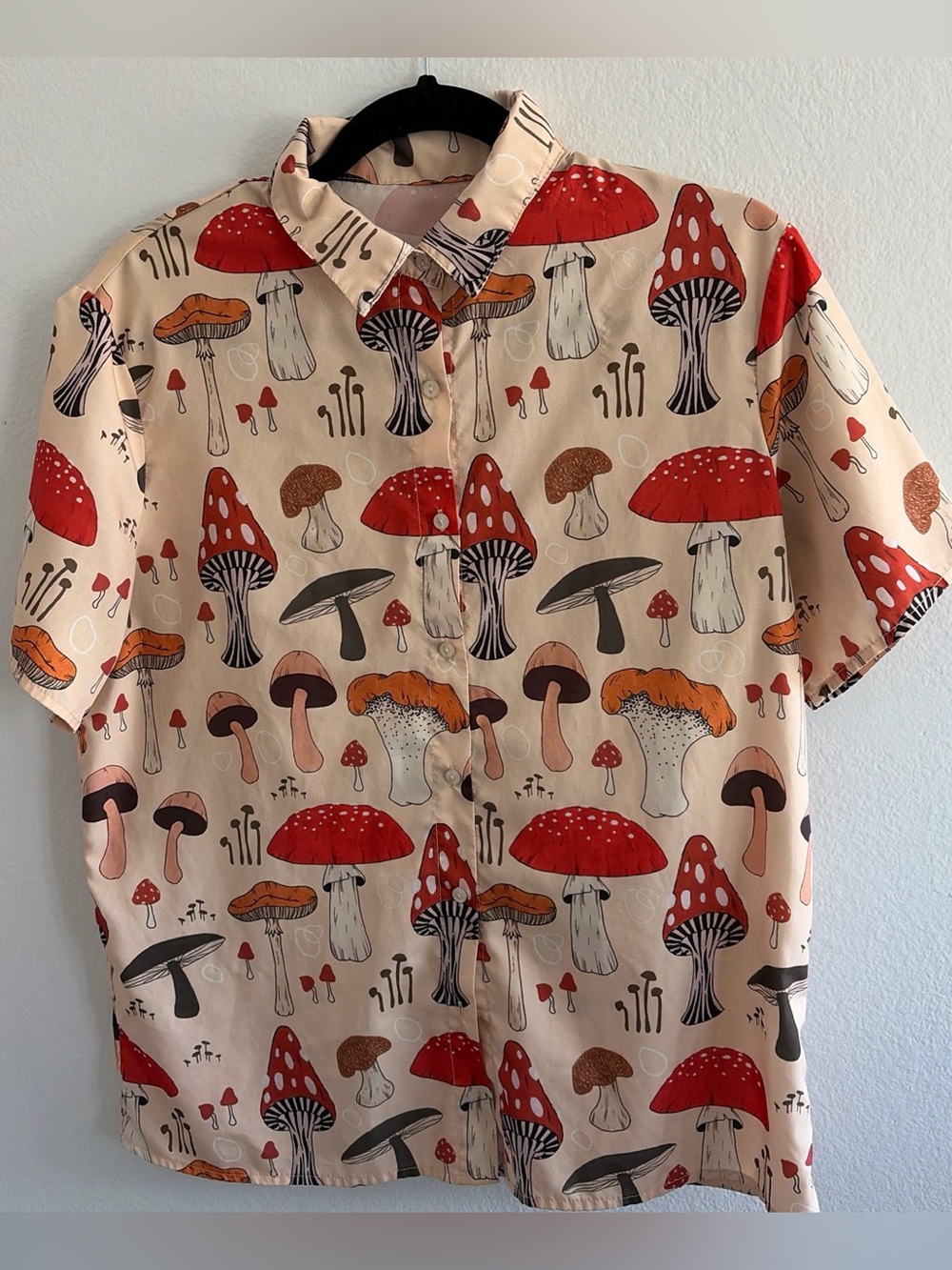 Mushroom Print Button-Down Short-Sleeve Shirt Unisex size S Unbranded